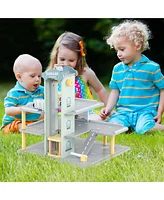 3-Tier Wooden Garage Playset with Working Elevator Helipad Ramp Car Wash Center