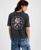 Rebellious One Juniors' Celestial Rose Mineral Wash Graphic T-Shirt