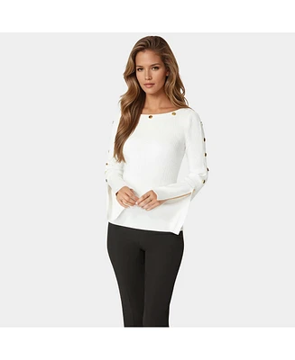 Bebe Women's Off Shoulder Bateau Snapped Slit Sweater