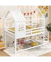 Twin House Bed with Stairs and Roof for Kids