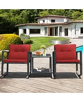 Gymax 3PCS Rattan Rocking Chair Table Set Patio Furniture Set with Cushions