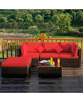 Gymax 5PCS Rattan Sectional Sofa Set Patio Furniture Set w/ Red Cushion Pillow