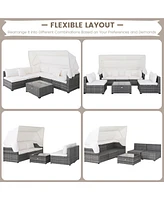 Gymax 6 Pcs Pe Rattan Patio Furniture Set w/ Tempered Glass Table and Retractable Canopy