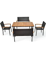 Gymax 5PCS Rattan Outdoor Dining Set Patio Furniture Set w/ Wooden Tabletop