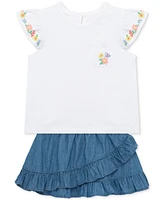 Little Me Baby Girls Embroidered Top & Chambray Skort Set
