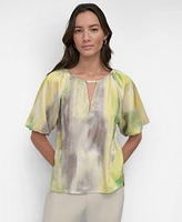 Dkny Women's Printed Puff-Sleeve Keyhole Blouse