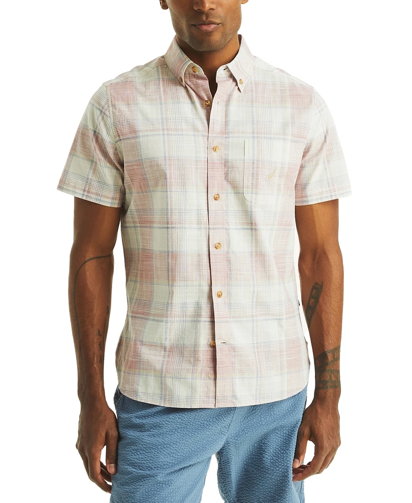 Nautica Men's Short Sleeve Button-Down Plaid Oxford Shirt