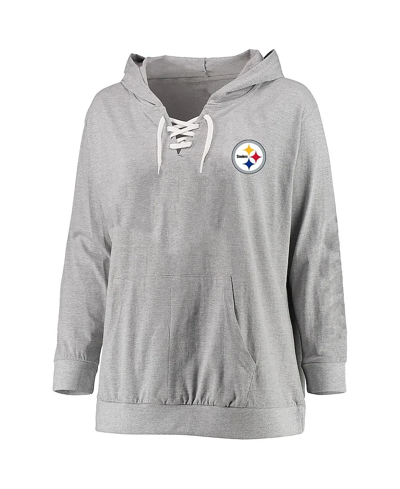 Fanatics Women's Heather Gray Pittsburgh Steelers Plus Lace-up Pullover Hoodie