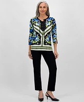 Jm Collection Petite Printed Lace-Up 3/4-Sleeve Top, Exclusively at Macy's