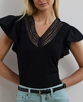 Lauren Ralph Women's Lace-Trim Jersey Flutter-Sleeve Tee