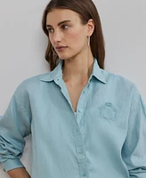 Lauren Ralph Women's Oversize Floral-Logo 100% Linen Shirt