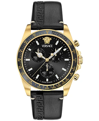 Versace Men's Swiss Chronograph Greca Wave Black Leather Strap Watch 43mm