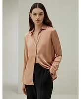 Women's Minimalist Placket Silk Blouse with Shell Buttons