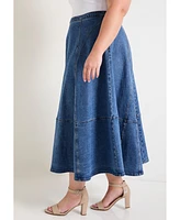 June + Vie Plus Size June + Vie Fit-And-Flare Denim Midi Skirt