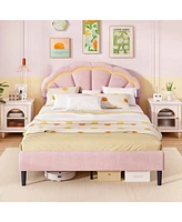 Upholstered Led Bed Frame with Adjustable Flower Headboard and Metal Support Feet