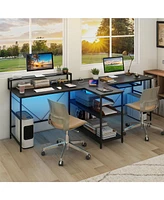 2-Person Reversible Computer Desk with Long Workspace and Led Lights for Modern Office Setup