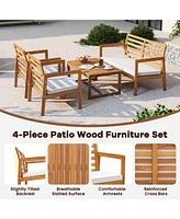 Gymax 4 Pcs Wood Patio Furniture Set w/ Soft Seat Cushions Solid Acacia Wood Frame