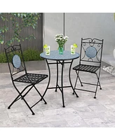 Gymax 3 Pcs Patio Bistro Set Outdoor Patio Furniture Set w/ 1 Mosaic Round Table & 2 Folding Chairs