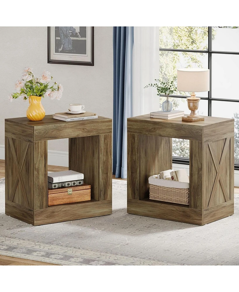 Tribesigns End Table with Storage, Farmhouse Small Accent Table with Open Shelf (Brown, 2PCS)