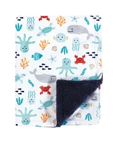 Hudson Baby Boys Plush Blanket with Furry Binding and Back, Sea Characters, One Size