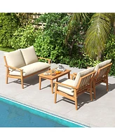 4 Pieces Outdoor Acacia Wood Conversation Set with Soft Cushions and Coffee Table-White