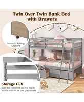 Durable Wooden Bunk Bed Frame with Built-In Storage Drawers and Ladder for Small Bedrooms