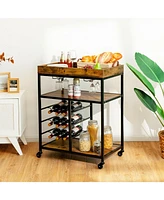 3-Tier Wood Rolling Kitchen Serving Cart with 9-Bottle Wine Rack for Convenient Storage and Serving