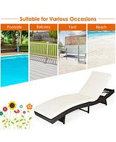 2PCS Patio Rattan Folding Lounge Chair Chaise Adjustable White Cushion