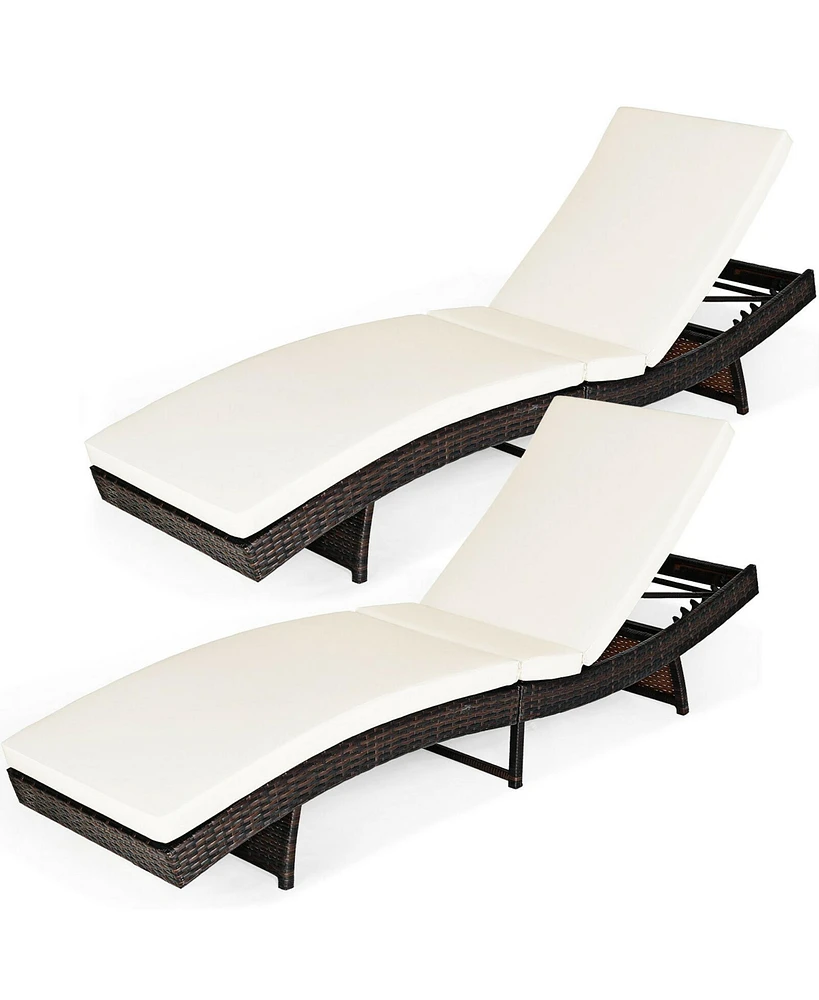 2PCS Patio Rattan Folding Lounge Chair Chaise Adjustable White Cushion