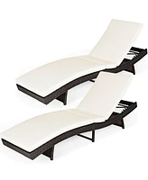 2PCS Patio Rattan Folding Lounge Chair Chaise Adjustable White Cushion