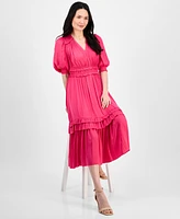 T Tahari Women's V-Neck Smocked-Waist Tiered Dress