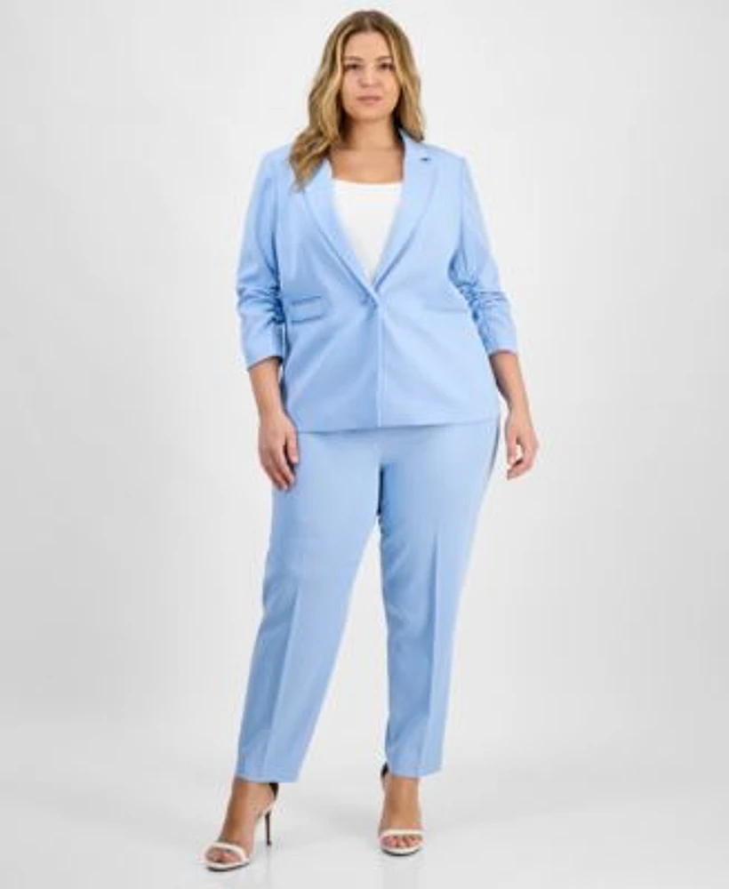 Tahari Asl Plus Size Pinstriped Ruched Sleeve Blazer Classic Mid Rise Ankle Pants