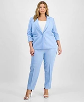 Tahari Asl Plus Size Pinstriped Ruched Sleeve Blazer Classic Mid Rise Ankle Pants