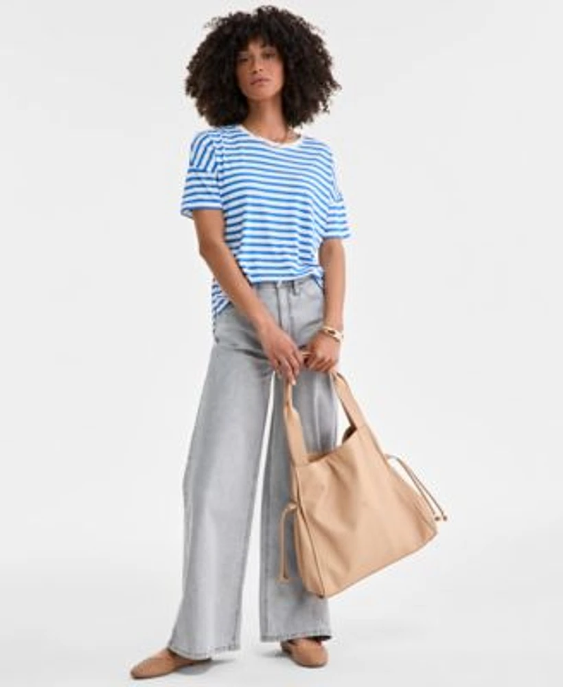 On 34th Womens Knit Easy Short Sleeve Striped T Shirt High Rise Wide Leg Jeans Jyyll Large Solid Tote With Removable Pouch Friyaa Woven Flats Exclusively At Macys