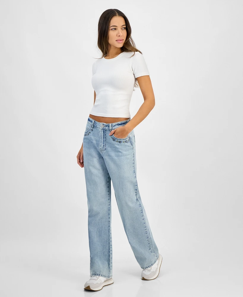 Indigo Rein Juniors' High-Rise Embroidered Wide-Leg Jeans