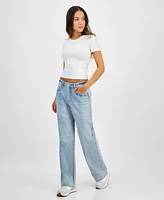 Indigo Rein Juniors' High-Rise Embroidered Wide-Leg Jeans
