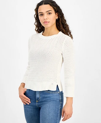 Dkny Jeans Petite Cotton Open-Stitch Vented-Hem Sweater