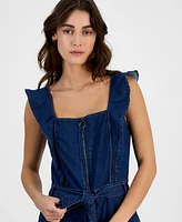 Tinseltown Juniors' Square-Neck Ruffle-Strap Wide-Leg Jumpsuit