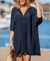 Women's Breezy Touch Navy Cover-Up Mini Beach Dress