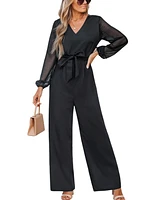 Women's Elegant Sheer-Sleeve Belted Jumpsuit