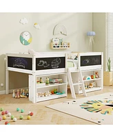 Kid Low Loft Bed with Chalkboard Ramp Ladder and Bookcases
