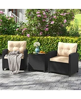 Gymax 3 Pcs Patio Furniture Set w/Tempered Glass Coffee Table Washable Cushions