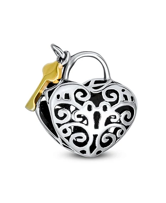Bling Jewelry Two Tone Heart Filigree Lock & Key Charm Bead 14K Gold Plated Silver