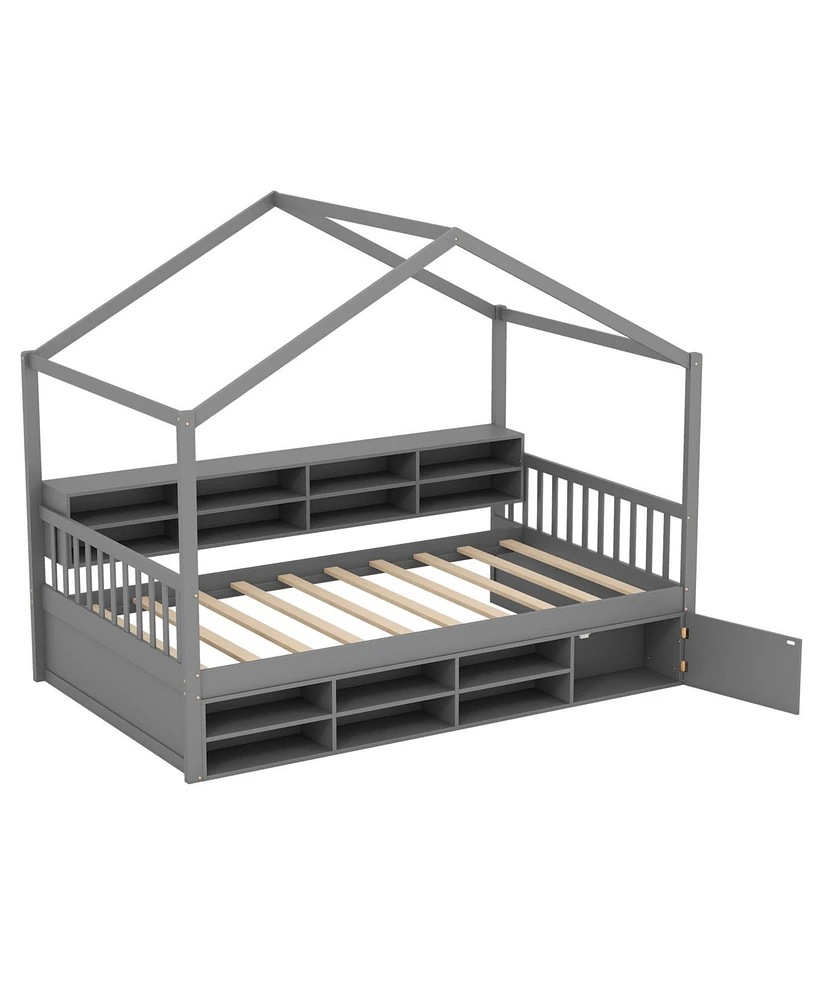 House Bed with Roof with 14 Storage Cubes and Enclosed Cabinet