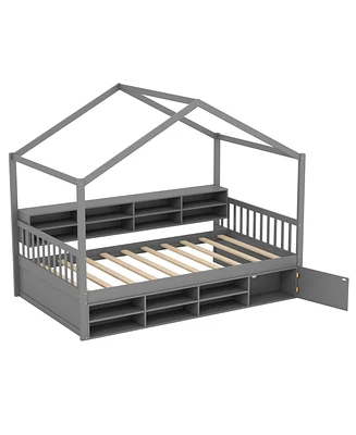 House Bed with Roof with 14 Storage Cubes and Enclosed Cabinet
