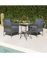 Gymax 3-Piece Patio Furniture Set Pe Wicker Conversation Bistro w/ A Tempered Glass Table