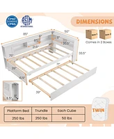 Daybed Platform Bed Frame with Trundle and Bedside Shelves