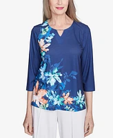 Alfred Dunner Women's Nantucket Asymmetric Floral Beaded Split Neck Top