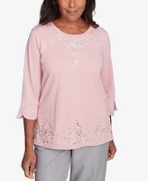 Alfred Dunner Women's Estate of Mind Lace Cutout Split Sleeve Top