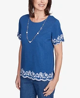 Alfred Dunner Women's Flower Power Border Embroidery Top with Necklace